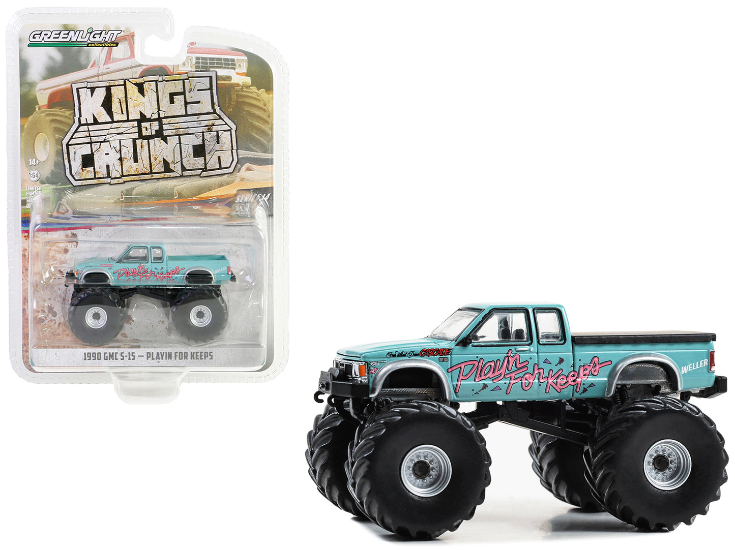 1990 GMC S-15 Monster Truck Light Blue "Playin' for Keeps" "Kings of Crunch" Series 14 1/64 Diecast Model Car by Greenlight-DiecastModeler.com
