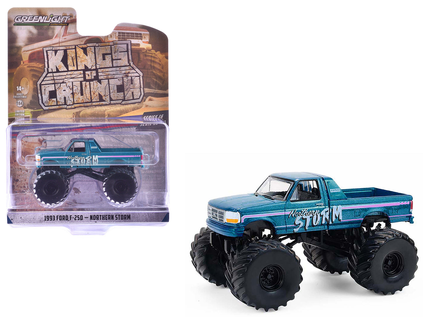 1993 Ford F-250 Monster Truck "Northern Storm" Teal Metallic "Kings of Crunch" Series 16 1/64 Diecast Model Car by Greenlight-DiecastModeler.com