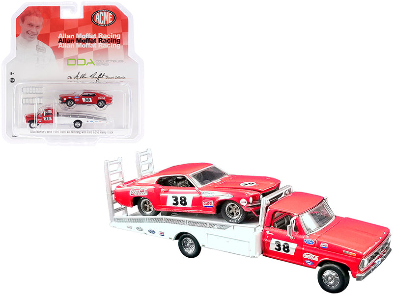 Ford F-350 Ramp Truck #38 Red and White with 1969 Ford Mustang Trans Am #38 Red "Coca-Cola" Allan Moffat Racing "DDA Collectibles" Series "ACME Exclusive" 1/64 Diecast Model Cars by Greenlight for ACME-DiecastModeler.com