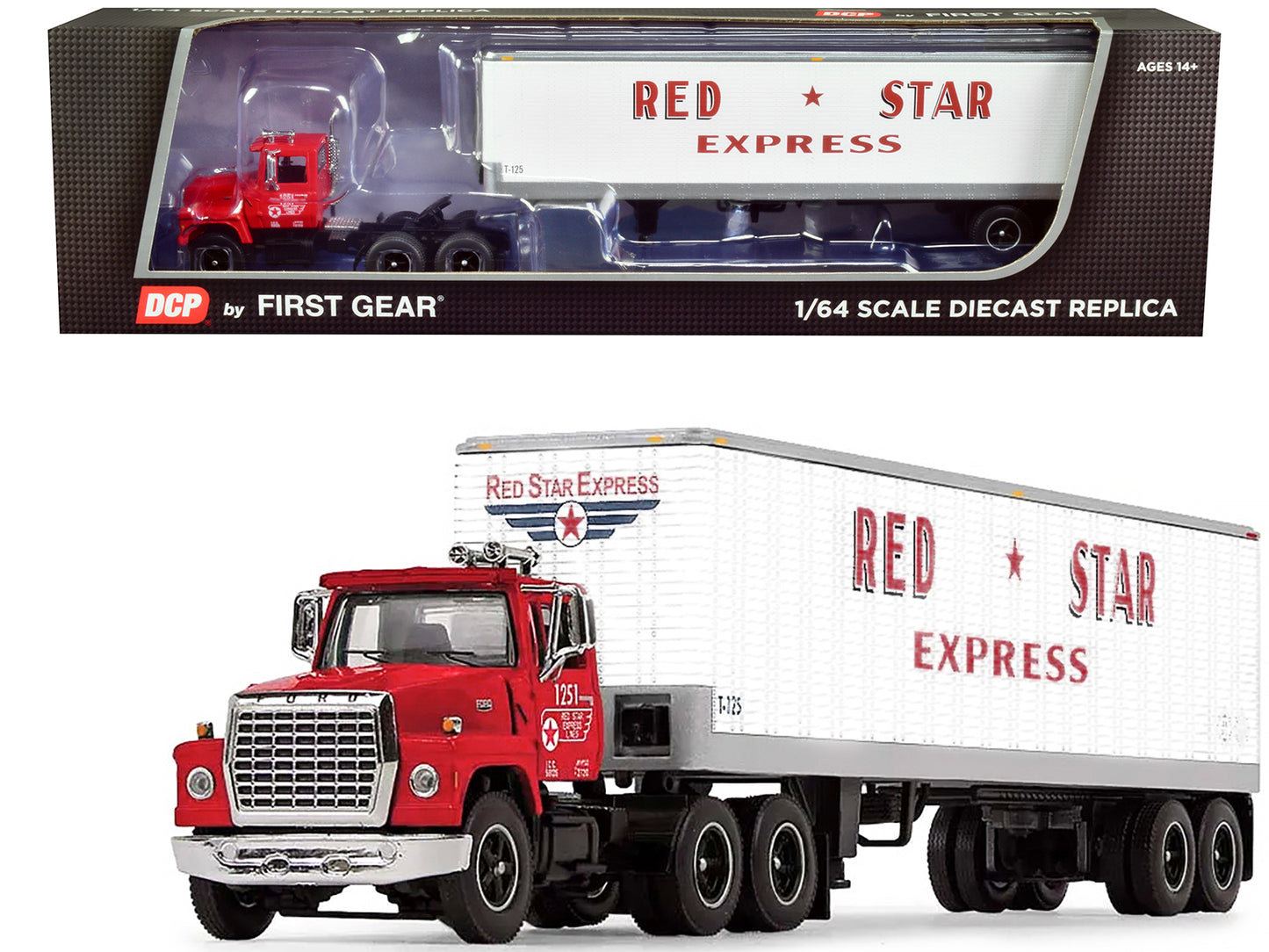 Ford LT-9000 Day Cab with Vintage 40' Dry Goods Tandem-Axle Trailer Red and White "Red Star Express" 1/64 Diecast Model by DCP/First Gear-DiecastModeler.com