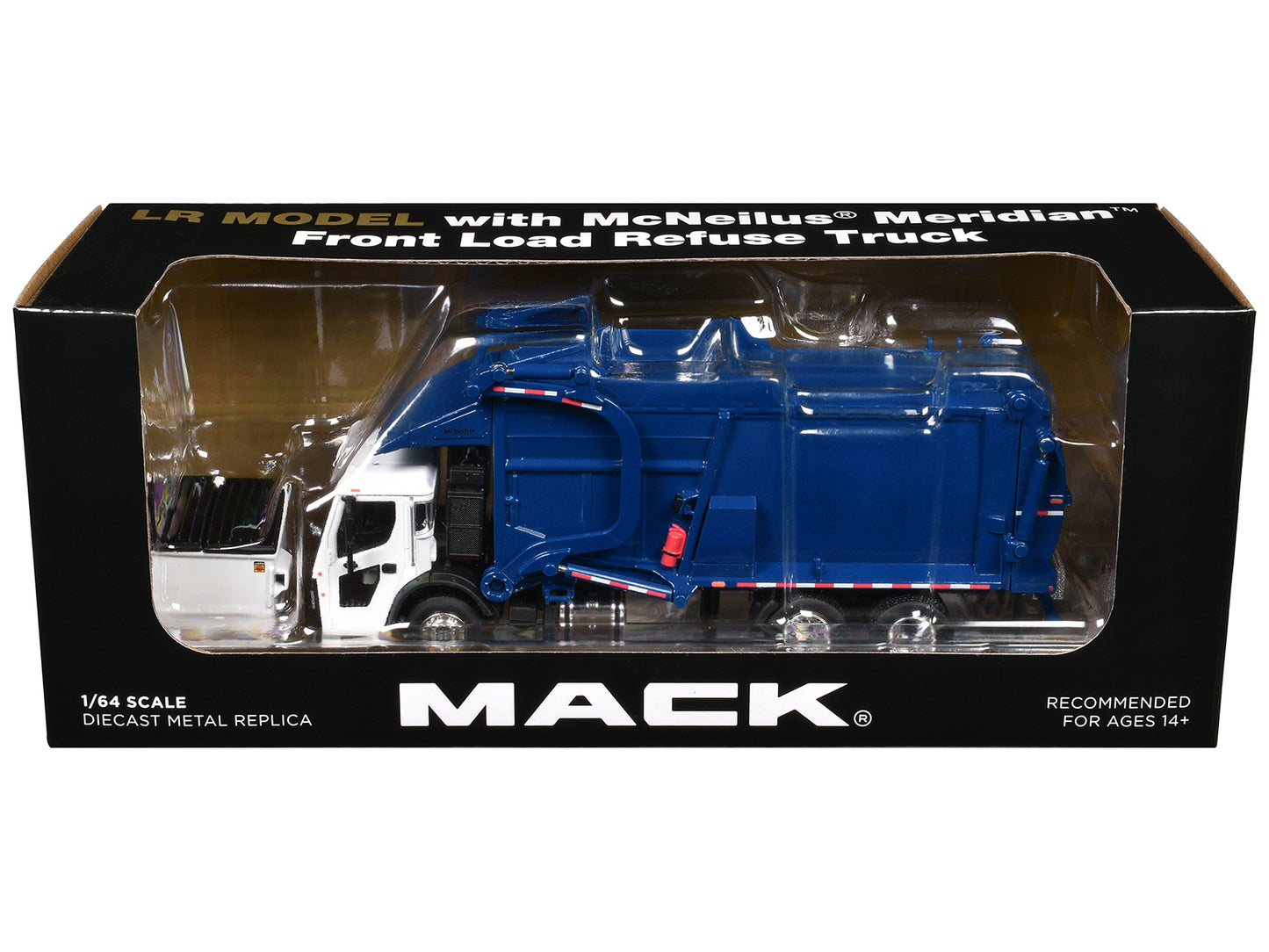 Mack LR Refuse Garbage Truck with McNeilus Meridian Front Loader White and Blue with Trash Bin 1/64 Diecast Model by DCP/First Gear-DiecastModeler.com