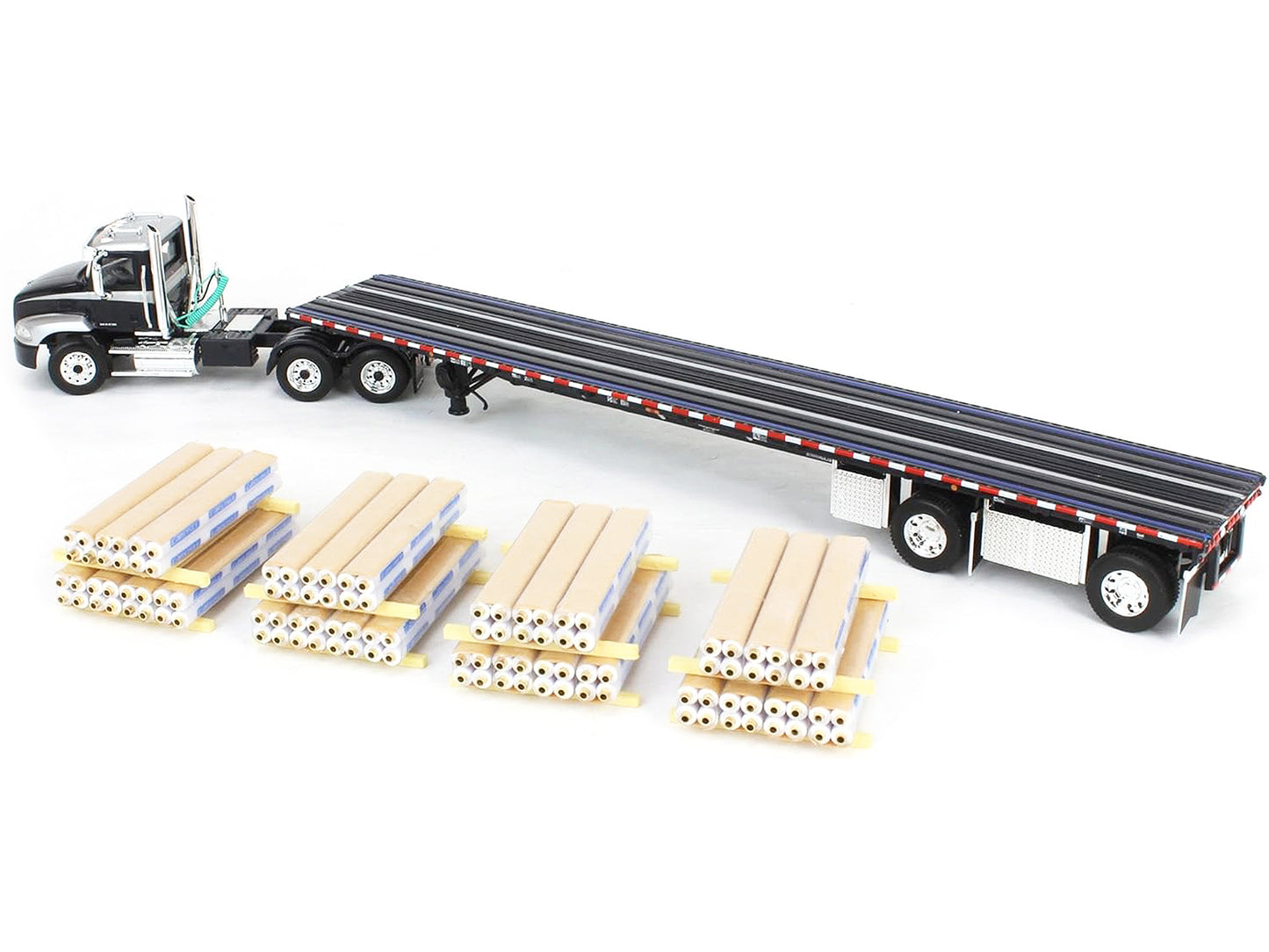 Mack Pinnacle Day Cab with Minimizer Parts & 53' Wilson Roadbrute Flatbed Trailer with "Carlisle Roofing" Loaded Pallets Black with Silver Top and Stripes 1/64 Diecast Model by DCP/First Gear