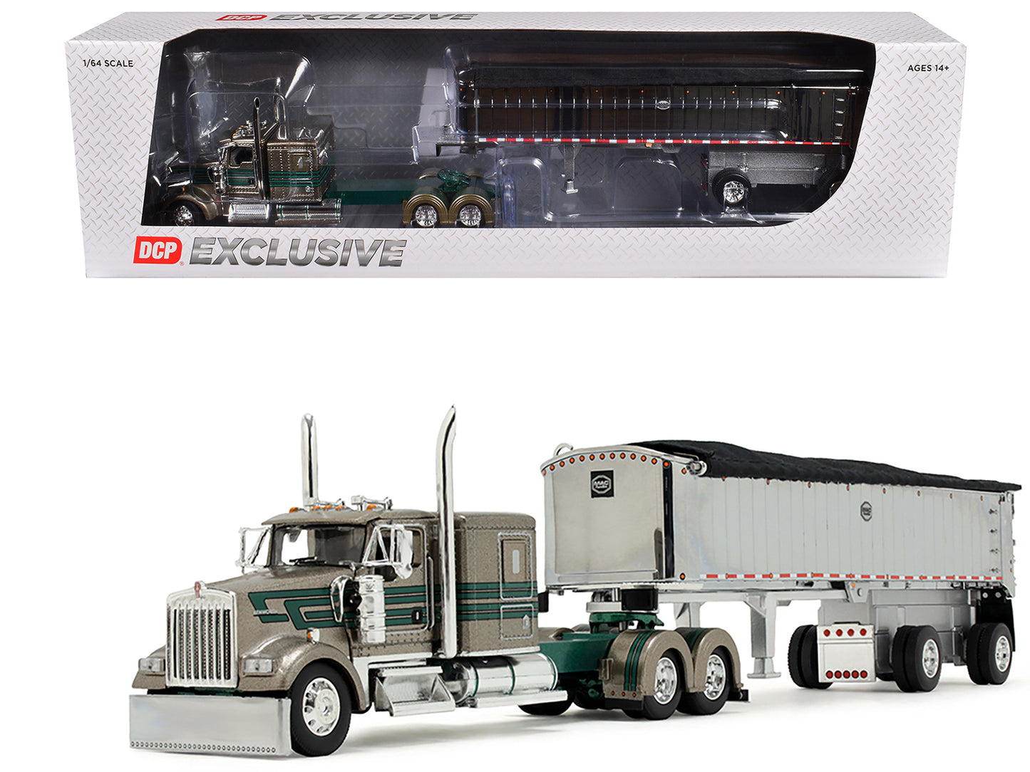 Kenworth W900L with 60" Flat Top Sleeper and MAC Coal End Dump Trailer "D&D Hauling & Excavating" Tan Metallic with Green Stripes 1/64 Diecast Model by DCP/First Gear-DiecastModeler.com