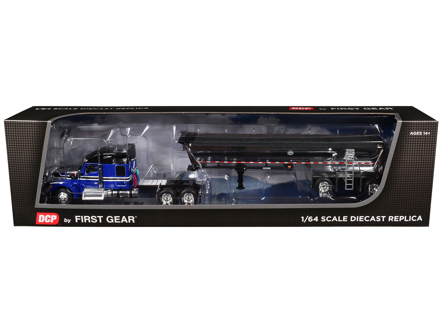 Kenworth W990 76" Mid-Roof Sleeper and MAC Half Round End Dump Trailer Blue and Black 1/64 Diecast Model by DCP/First Gear