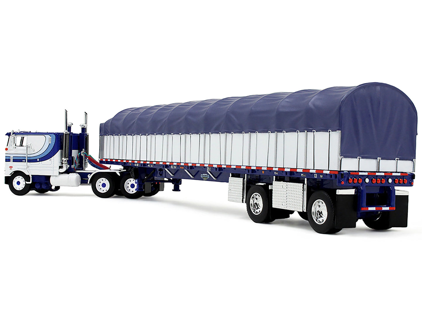 Peterbilt 352 COE 110" Sleeper and 53’ Wilson Roadbrute Flatbed Trailer with Covered Wagon White with Blue Stripes 1/64 Diecast Model by DCP/First Gear