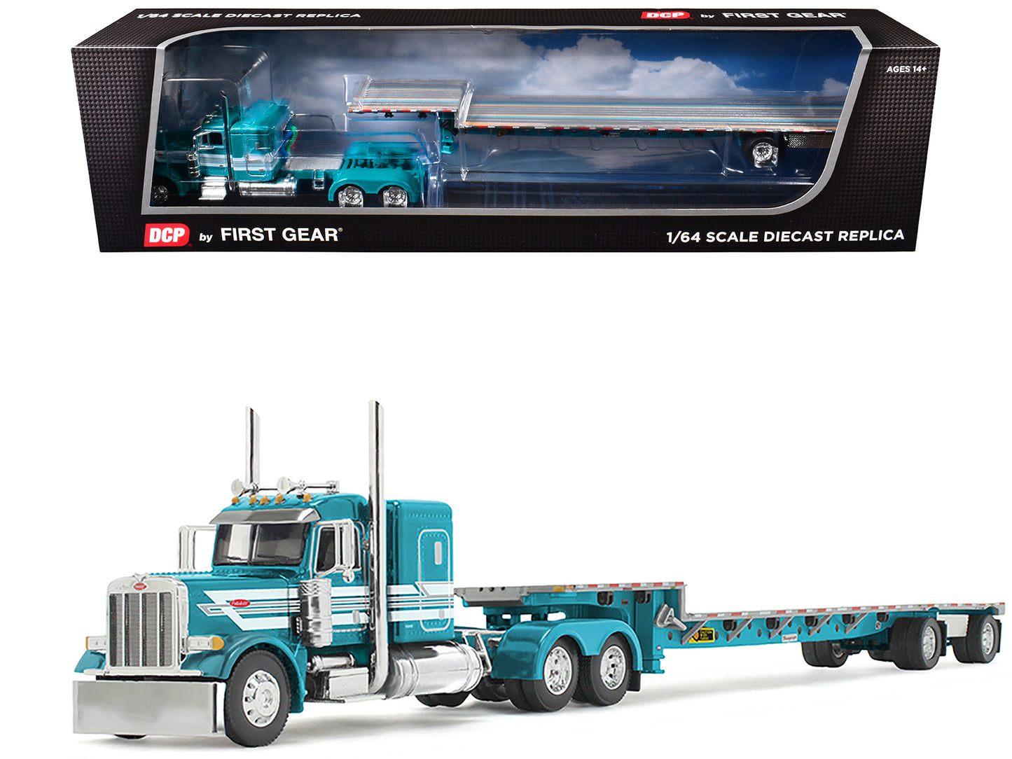 Peterbilt 379 with 48" Flat Top Sleeper and Transcraft Step Deck Trailer Teal with White Stripes 1/64 Diecast Model by DCP/First Gear-DiecastModeler.com