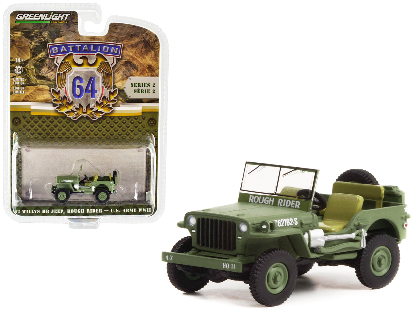 1942 Willys MB Jeep #20362162-S Green "U.S. Army World War II - Rough Rider" "Battalion 64" Release 2 1/64 Diecast Model Car by Greenlight-DiecastModeler.com