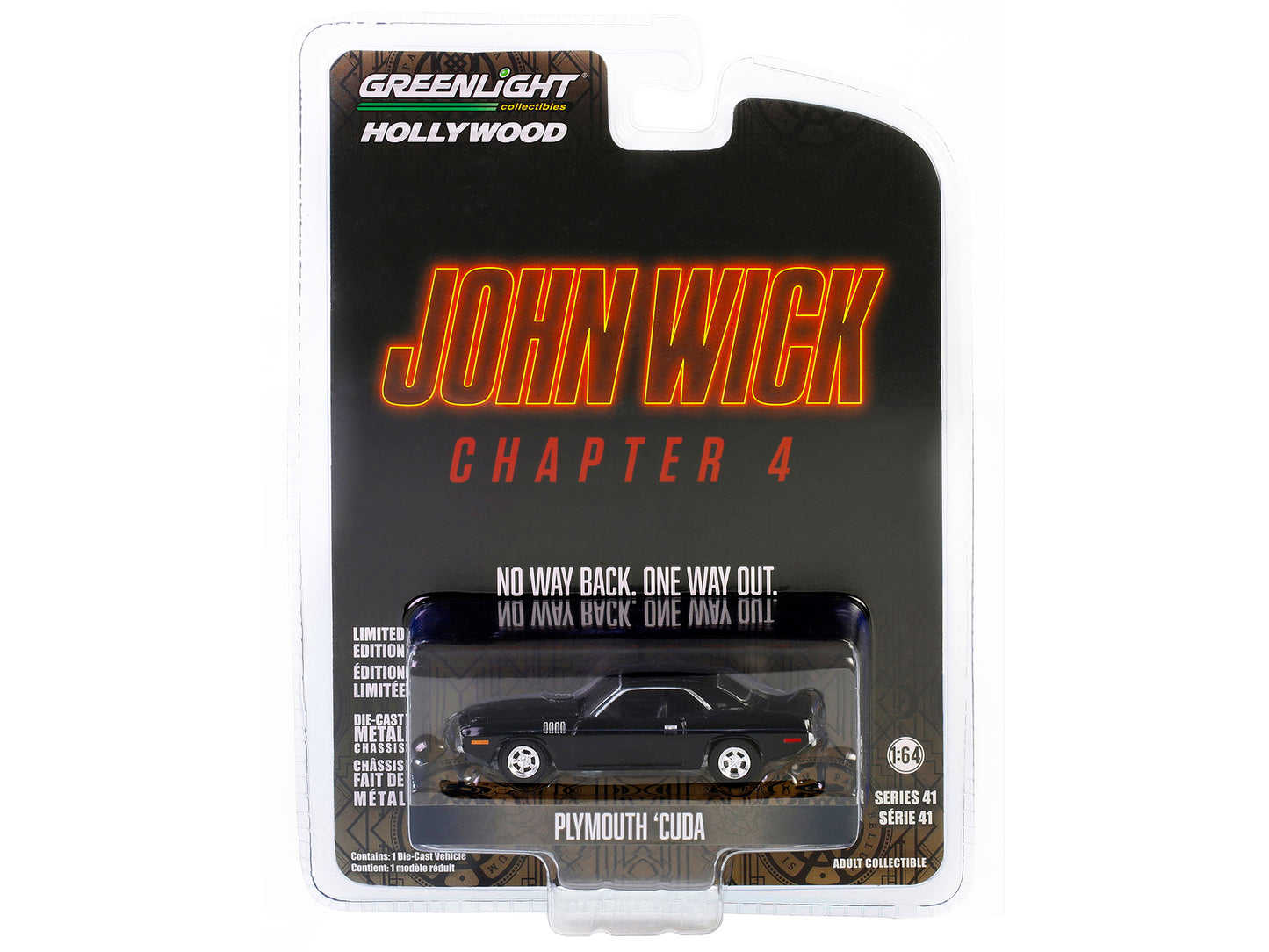 Plymouth Barracuda Black "John Wick: Chapter 4" (2023) Movie "Hollywood Series" Release 41 1/64 Diecast Model Car by Greenlight-DiecastModeler.com