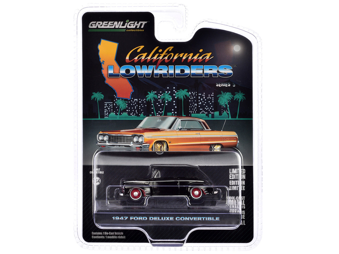 1947 Ford Deluxe Convertible Lowrider Black wit h Red Graphics "California Lowriders" Series 5 1/64 Diecast Model Car by Greenlight-DiecastModeler.com