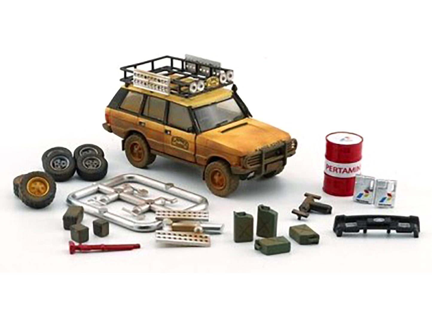 Land Rover Range Rover Classic LSE RHD (Right Hand Drive) "Camel Trophy" Yellow (Dirty Mud Version) with Roof Rack Extra Wheels and Accessories Limited Edition to 2016 pieces Worldwide 1/64 Diecast Model Car by BM Creations-DiecastModeler.com