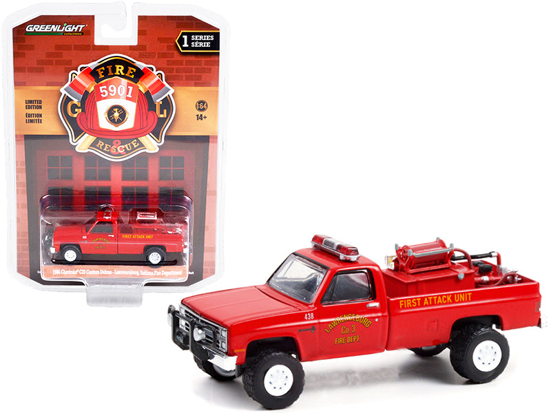 1986 Chevrolet C20 Custom Deluxe Pickup Truck Red First Attack Unit Fire Equipment and Hose and Tank "Lawrenceburg Fire Department" (Indiana) "Fire & Rescue" Series 1 1/64 Diecast Model Car by Greenlight-DiecastModeler.com