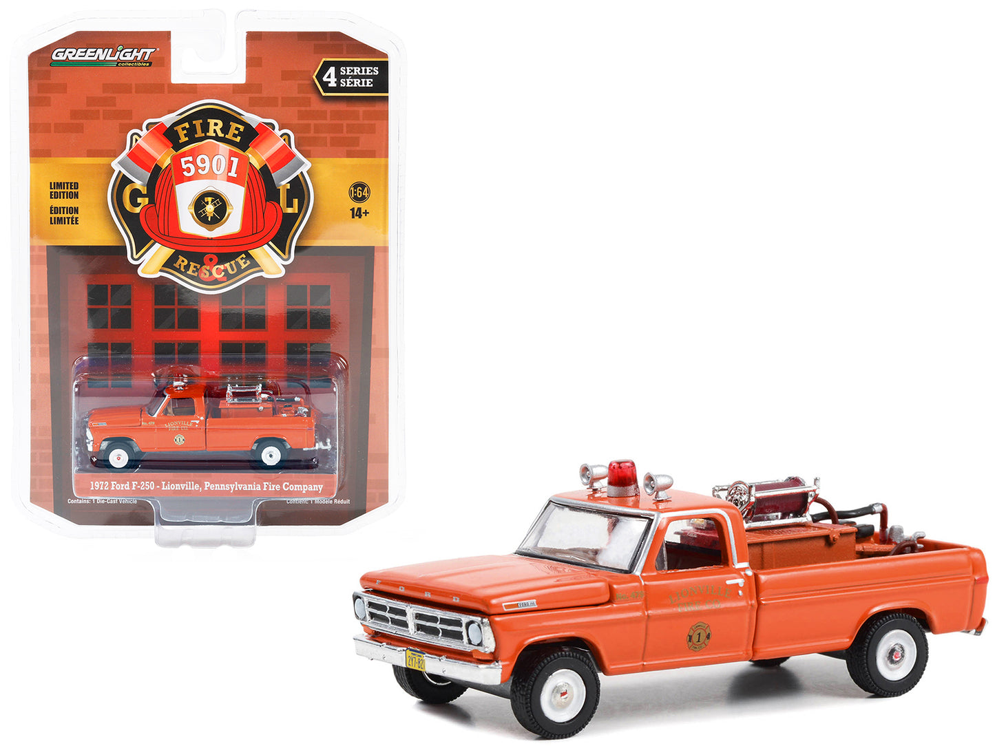 1972 Ford F-250 Pickup Truck with Fire Equipment Hose and Tank Red "Lionville Pennsylvania Fire Company" "Fire & Rescue" Series 4 1/64 Diecast Model Car by Greenlight-DiecastModeler.com
