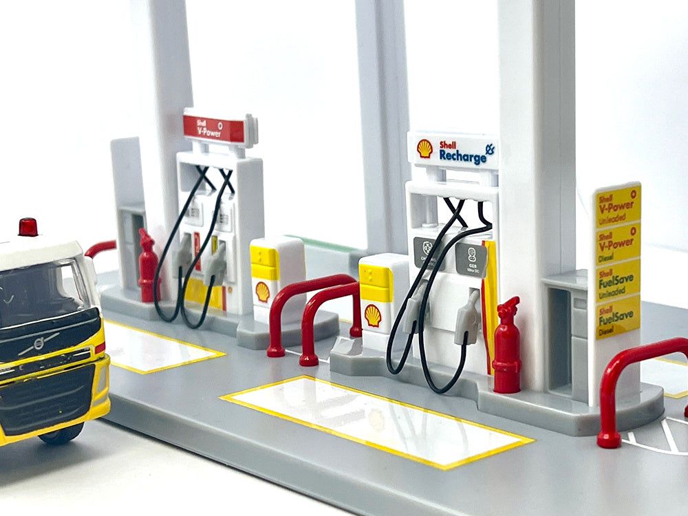 Shell Gas Station Playset with Volvo Oil Tanker and Volvo Tow Truck Diorama Set
