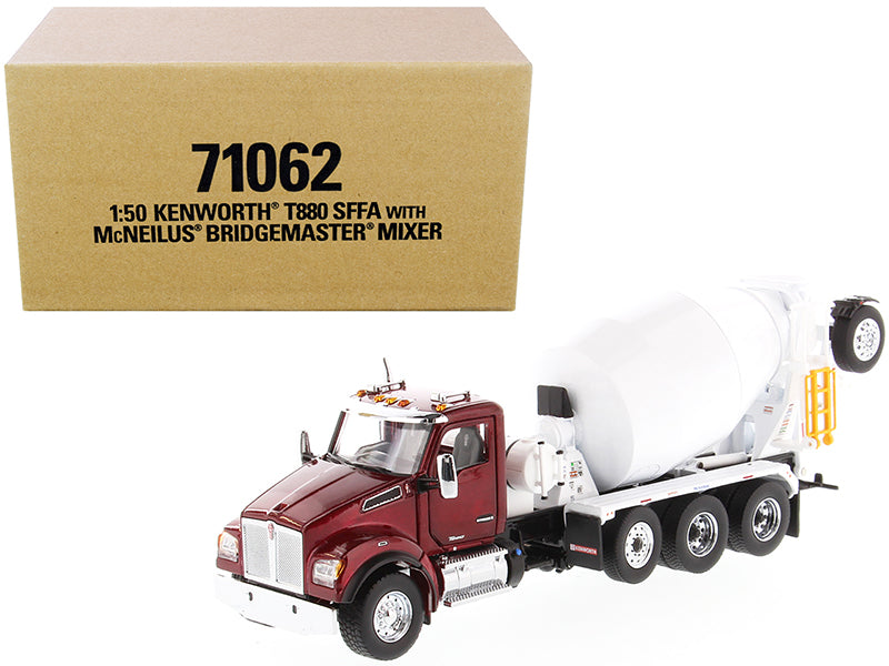 Kenworth T880 SFFA with McNeilus Bridgemaster Mixer Truck Radiant Red and White 1/50 Diecast Model by Diecast Masters-DiecastModeler.com