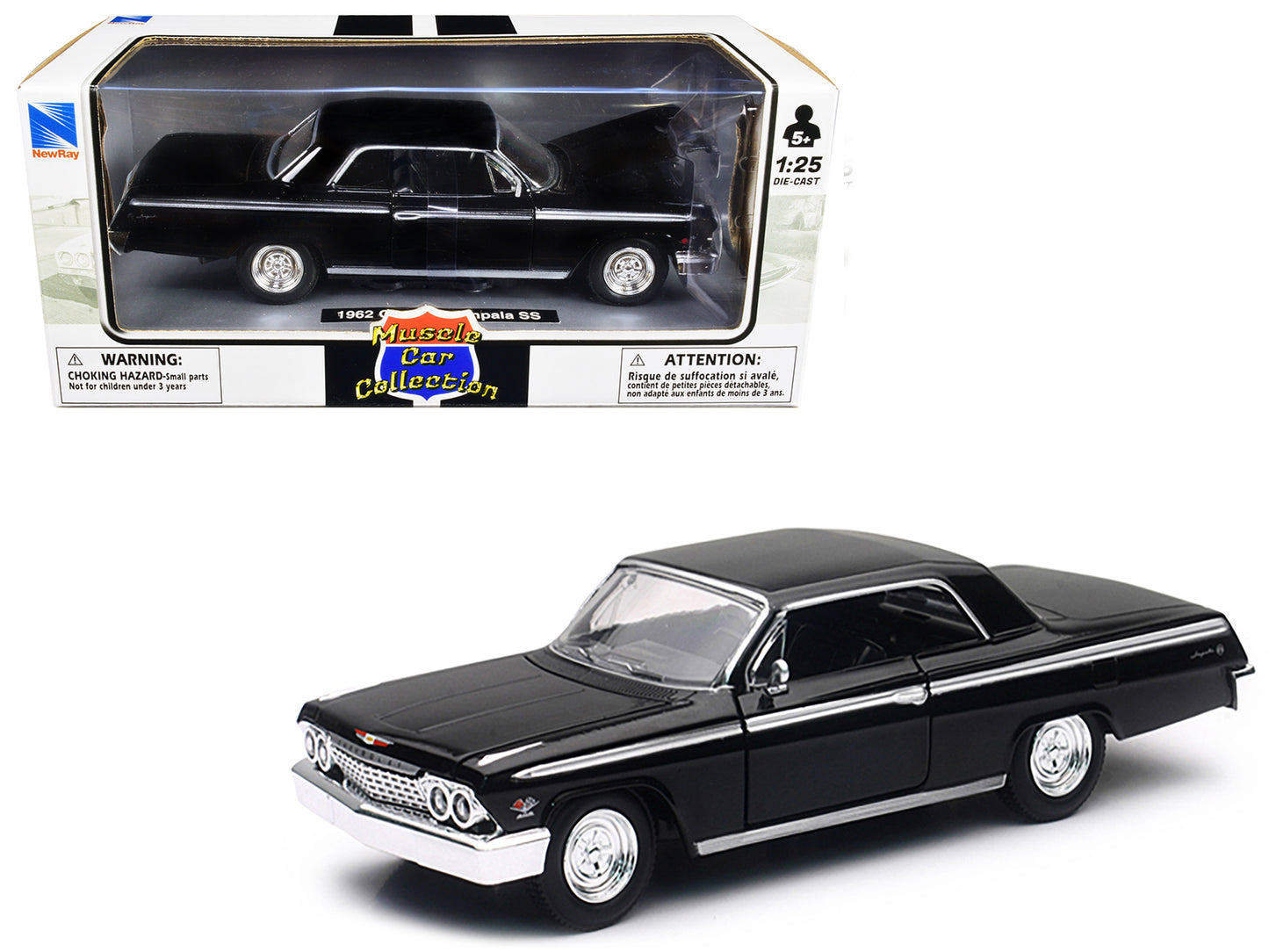 1962 Chevrolet Impala SS Black 1/25 Diecast Model Car by New Ray-DiecastModeler.com