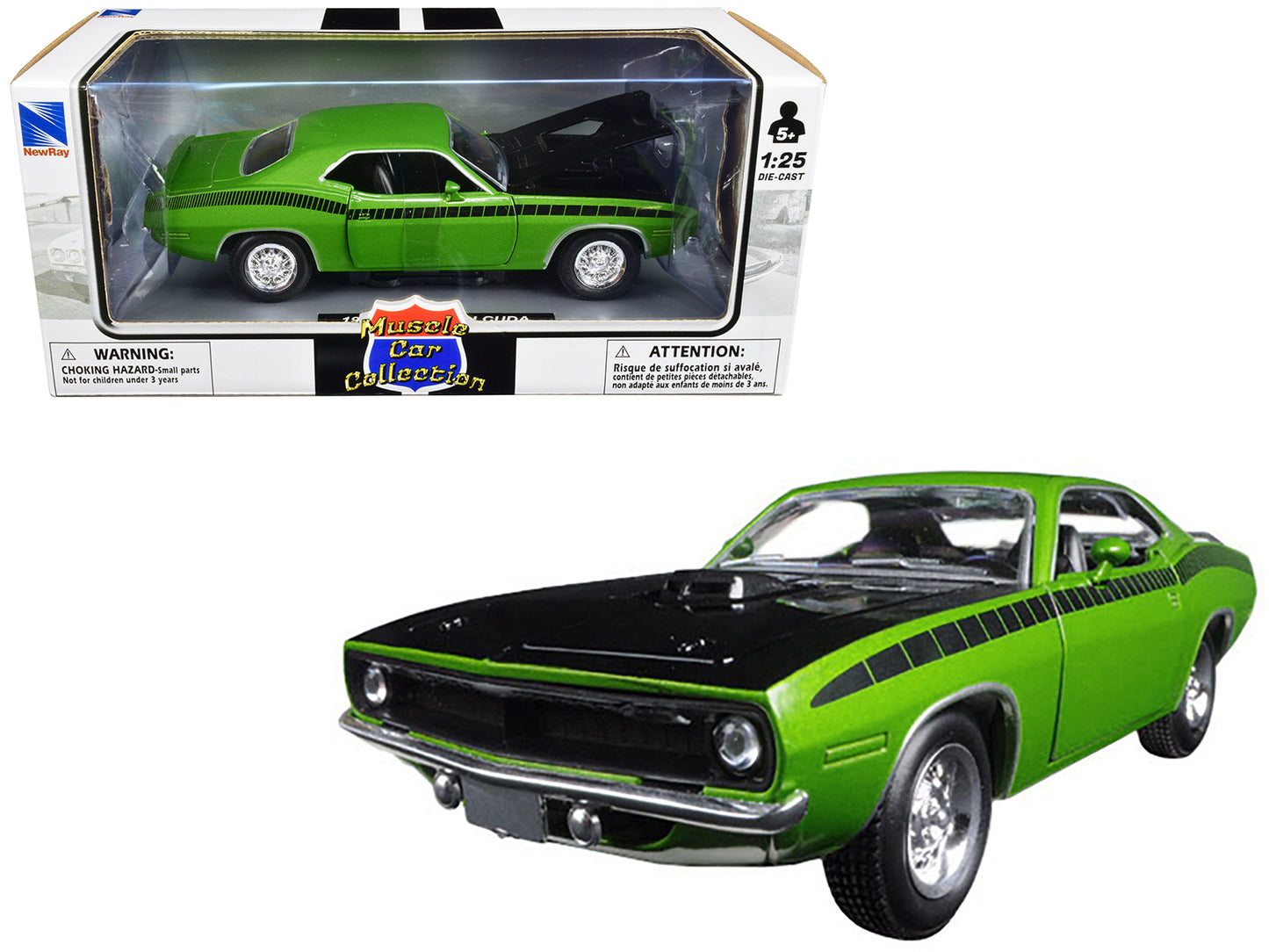 1970 Plymouth Barracuda Green with Black Hood and Stripes "Muscle Car Collection" 1/25 Diecast Model Car by New Ray-DiecastModeler.com