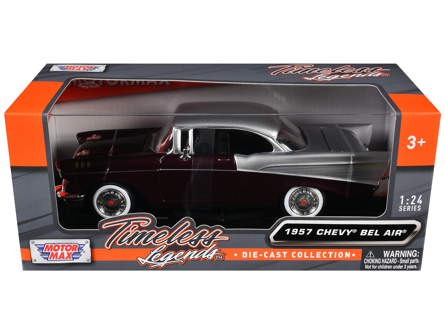 1957 Chevrolet Bel Air Burgundy Metallic and Silver Metallic "Timeless Legends" Series 1/24 Diecast Model Car by Motormax-DiecastModeler.com