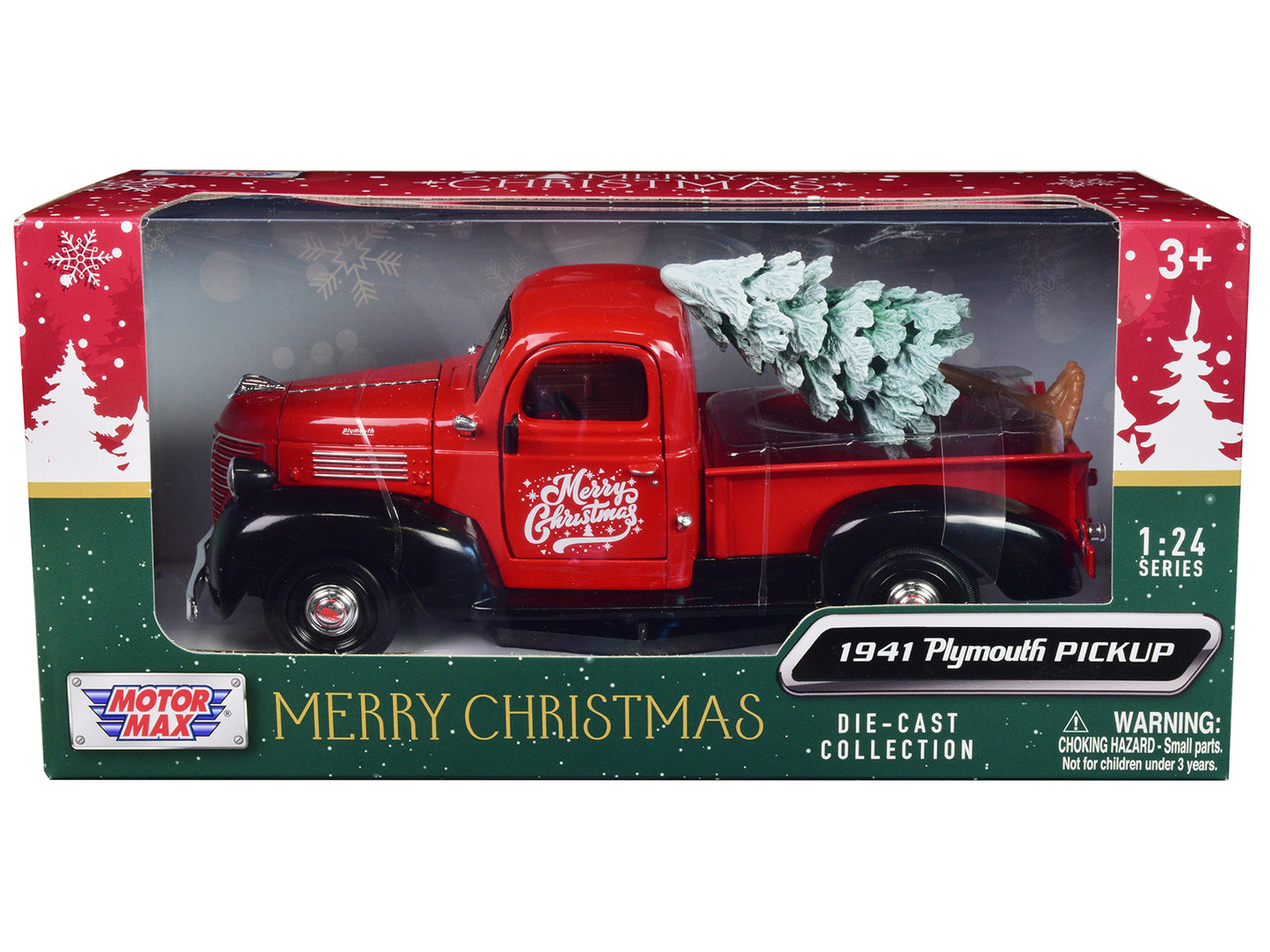 1941 Plymouth Pickup Truck Red and Black "Merry Christmas" with Tree Accessory 1/24 Diecast Model Car by Motormax-DiecastModeler.com