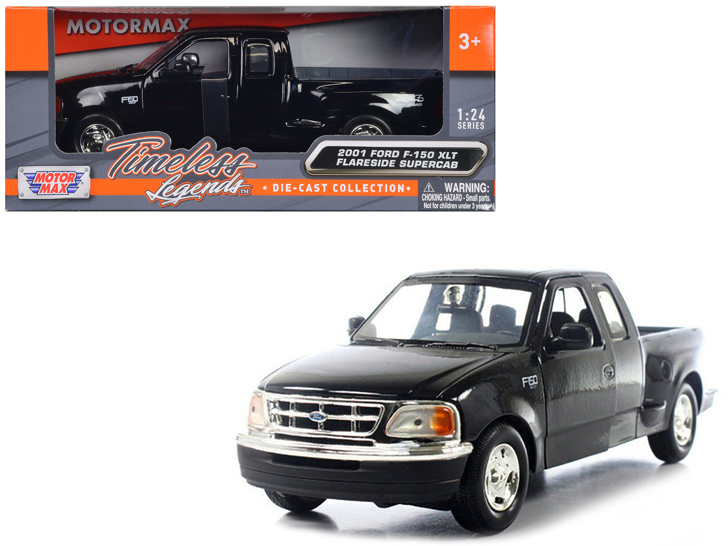 2001 Ford F-150 XLT Flareside Supercab Pickup Truck Black 1/24 Diecast Car Model by Motormax-DiecastModeler.com