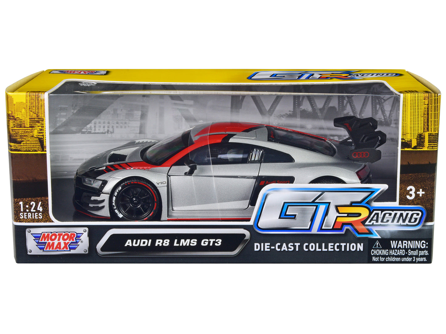 Audi R8 LMS GT3 Silver Metallic with Graphics "GT Racing" Series 1/24 Diecast Model Car by Motormax-DiecastModeler.com