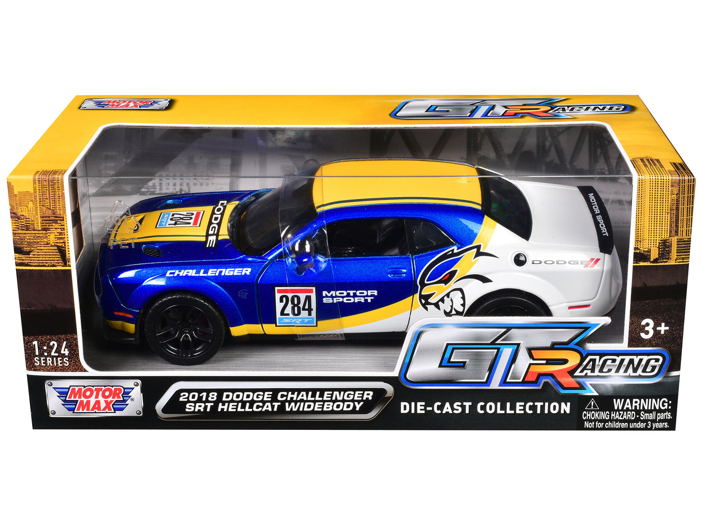 2018 Dodge Challenger SRT Hellcat Widebody #284 Blue Metallic and White with Yellow Graphics "GT Racing" Series 1/24 Diecast Model Car by Motormax-DiecastModeler.com