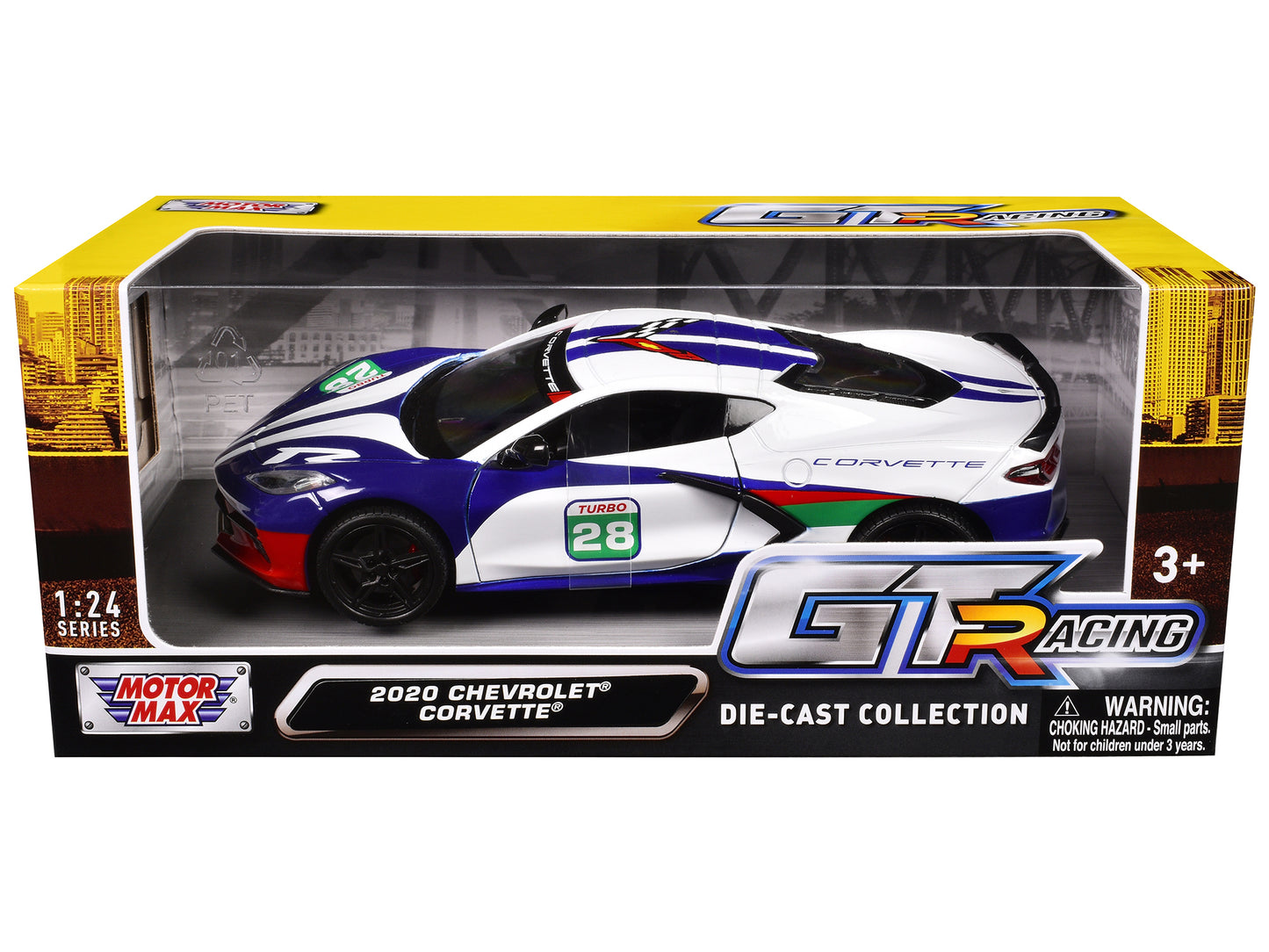 2020 Chevrolet Corvette #28 White with Blue Graphics "GT Racing" Series 1/24 Diecast Model Car by Motormax-DiecastModeler.com