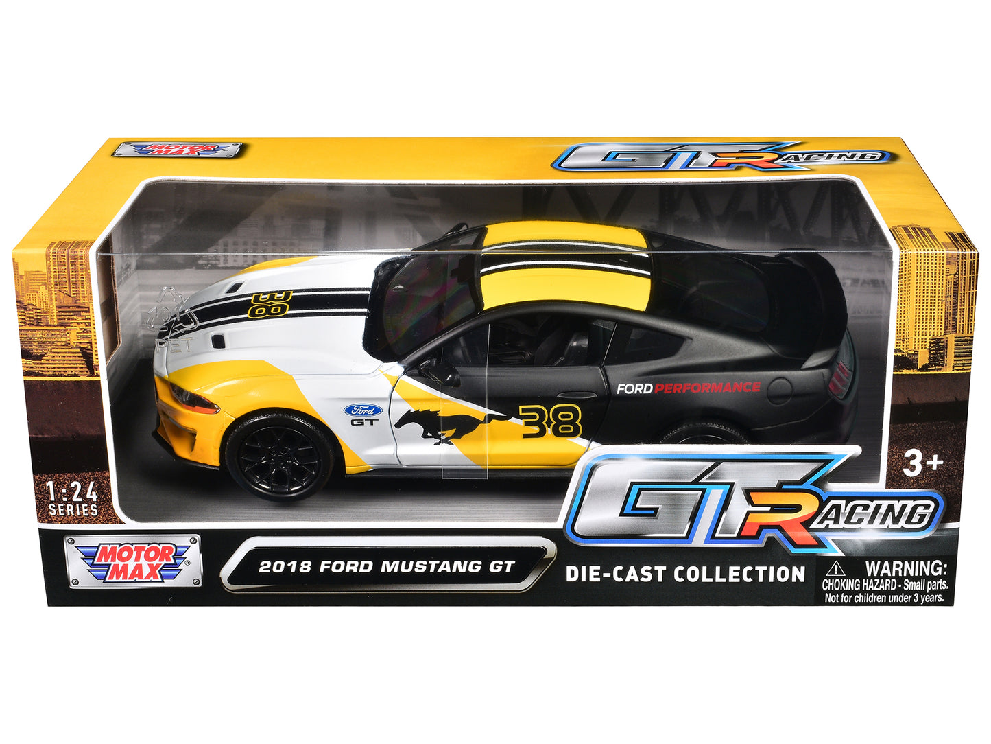 2018 Ford Mustang GT #38 White and Matt Black with Yellow Graphics "GT Racing" Series 1/24 Diecast Model Car by Motormax-DiecastModeler.com