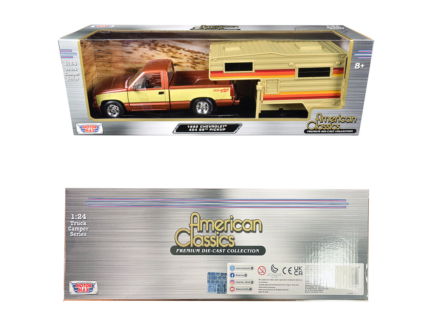 1992 Chevrolet 454 SS Pickup Truck Copper Metallic with Beige Sides with Camper Shell "American Classics" Series 1/24 Diecast Model Car by Motormax
