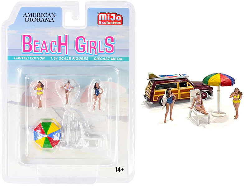 "Beach Girls" 5 piece Diecast Set (3 Figurines 1 Beach Chaise and 1 Beach Umbrella) for 1/64 Scale Models by American Diorama-DiecastModeler.com