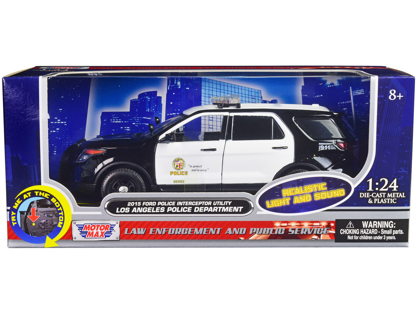 2015 Ford Police Interceptor Utility Black and White "Los Angeles Police Department (LAPD)" with Flashing Light Bar and Front and Rear Lights and Sounds 1/24 Diecast Model Car by Motormax