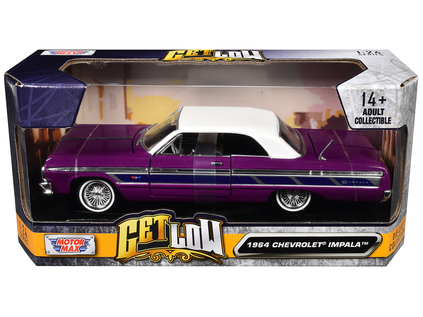 1964 Chevrolet Impala Lowrider Hard Top Purple Metallic with White Top "Get Low" Series 1/24 Diecast Model Car by Motormax