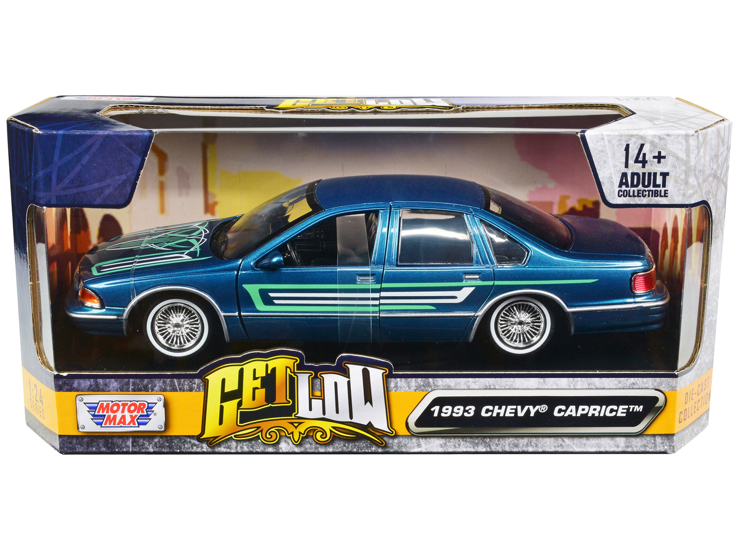 1993 Chevrolet Caprice Lowrider Blue Metallic with Graphics "Get Low" Series 1/24 Diecast Model Car by Motormax-DiecastModeler.com