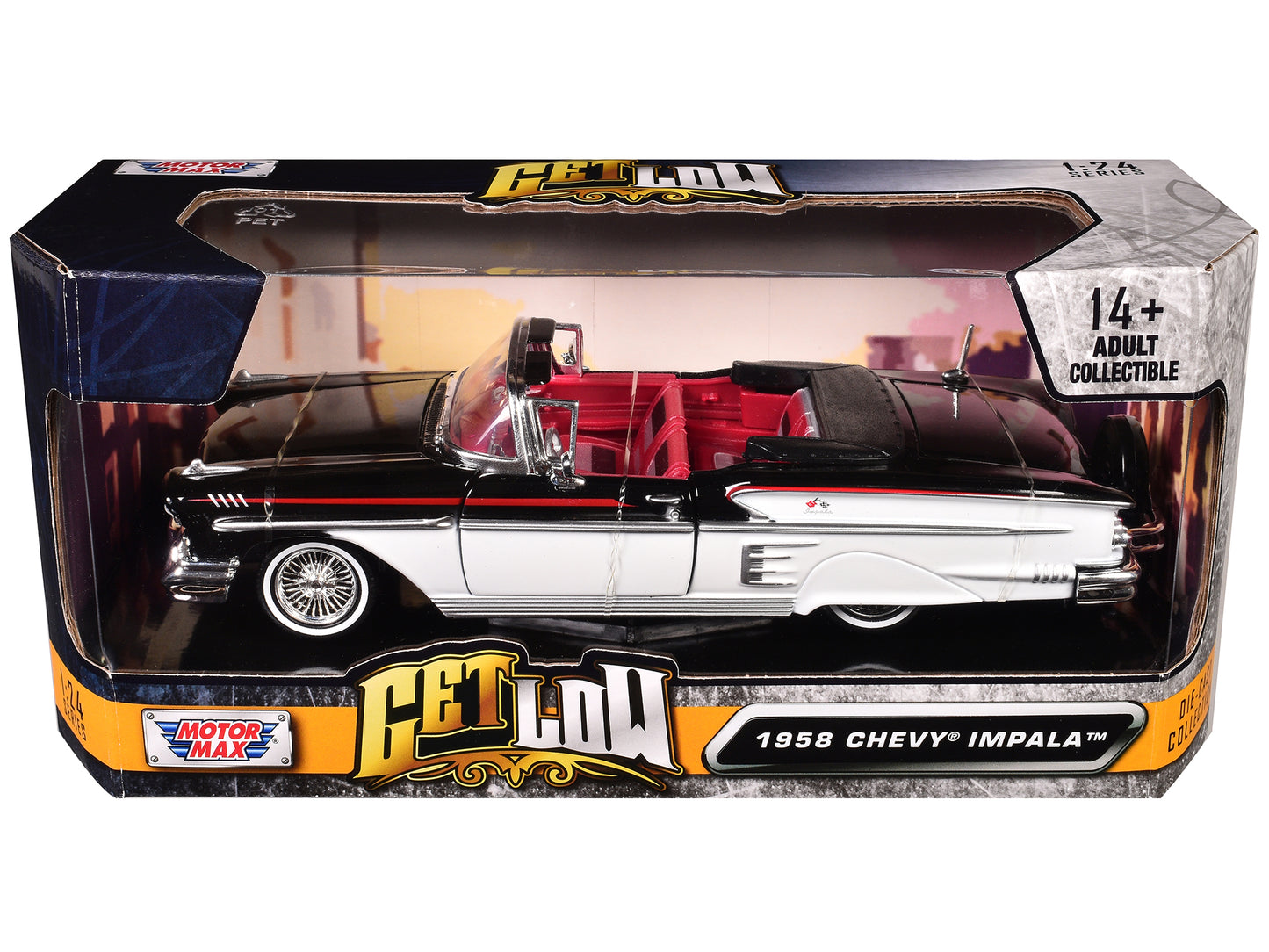 1958 Chevrolet Impala Convertible Lowrider Black and White with Red Interior "Get Low" Series 1/24 Diecast Model Car by Motormax