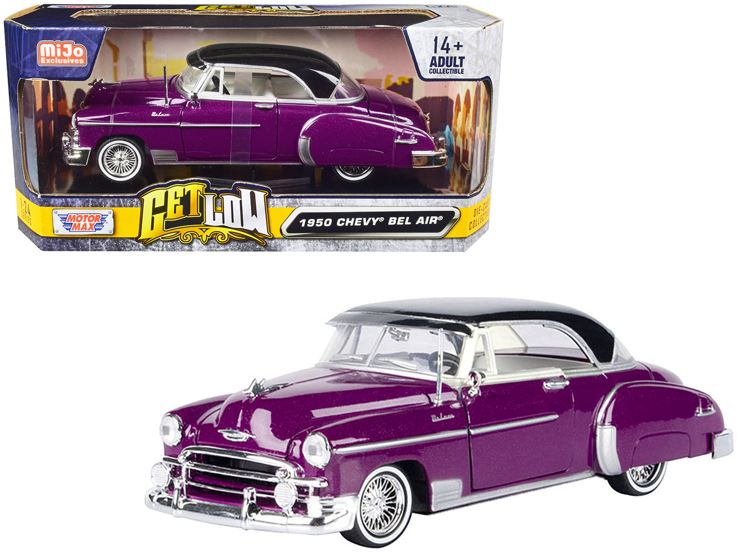 1950 Chevrolet Bel Air Lowrider Purple Metallic with Black Top and White Interior "Get Low" Series 1/24 Diecast Model Car by Motormax-DiecastModeler.com