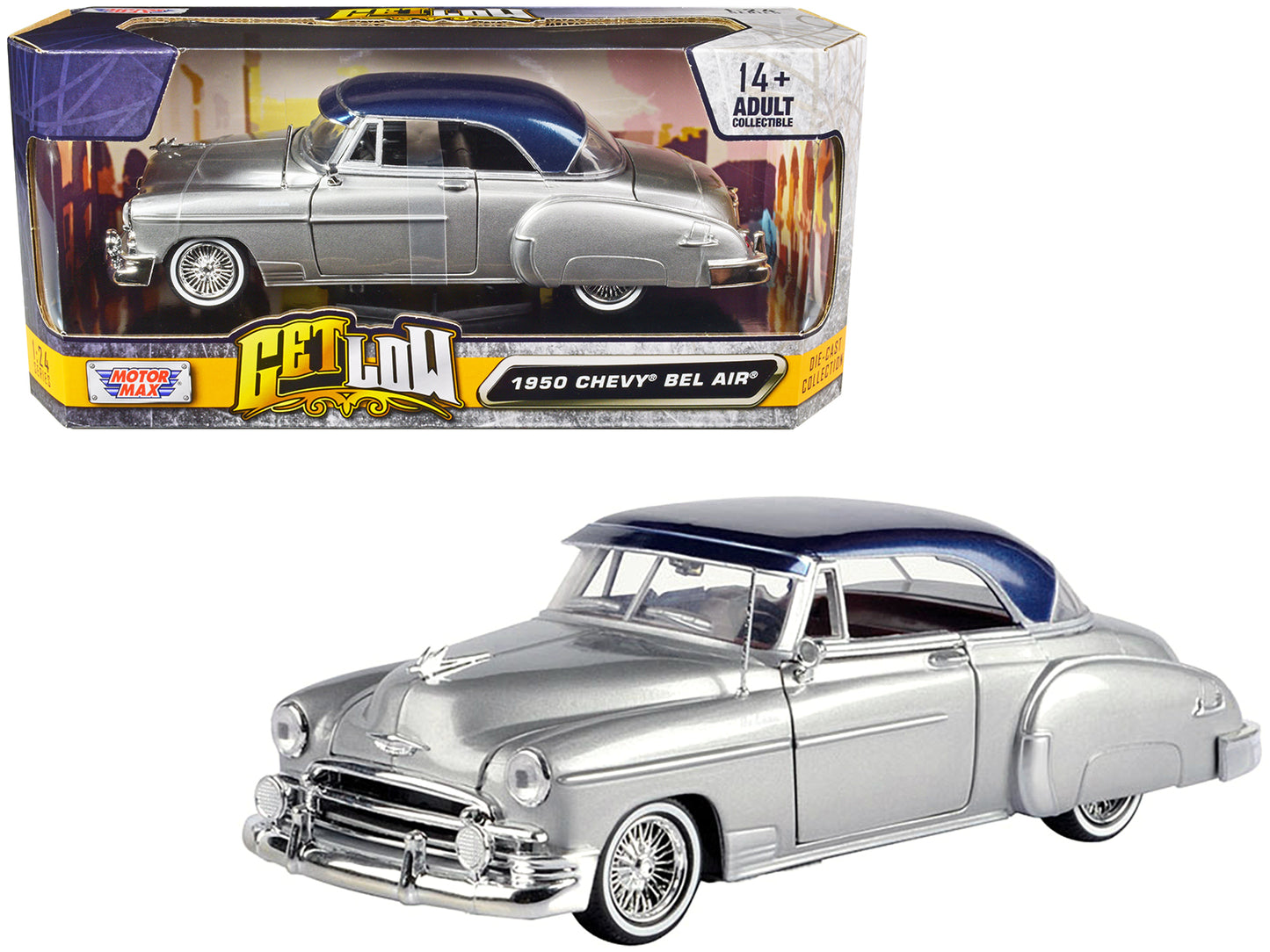 1950 Chevrolet Bel Air Lowrider Silver Metallic with Blue Metallic Top "Get Low" Series 1/24 Diecast Model Car by Motormax-DiecastModeler.com