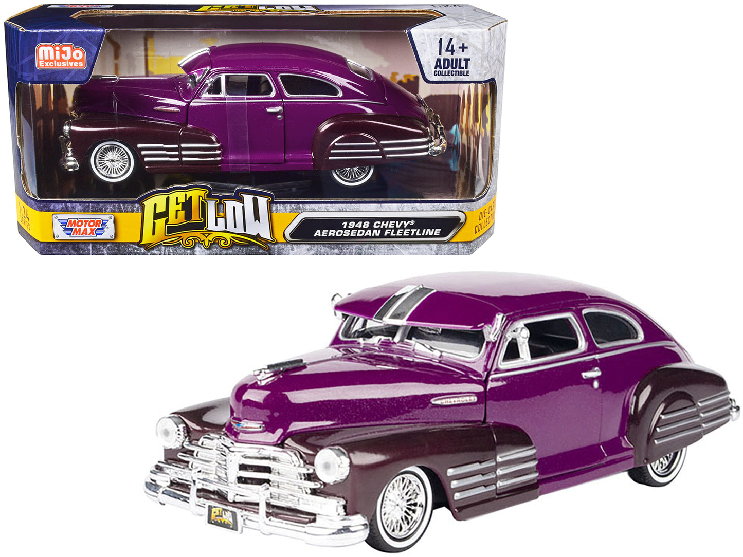 1948 Chevrolet Aerosedan Fleetside Lowrider Purple Metallic and Dark Purple Metallic Two-Tone "Get Low" Series 1/24 Diecast Model Car by Motormax-DiecastModeler.com