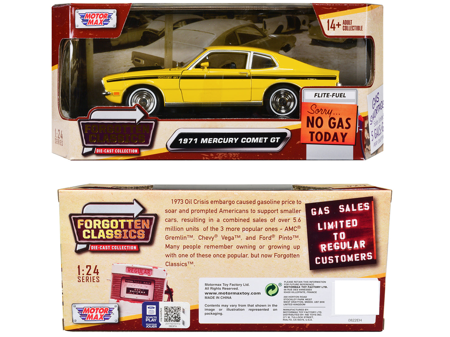 1971 Mercury Comet GT Yellow with Black Stripes "Forgotten Classics" Series 1/24 Diecast Model Car by Motormax