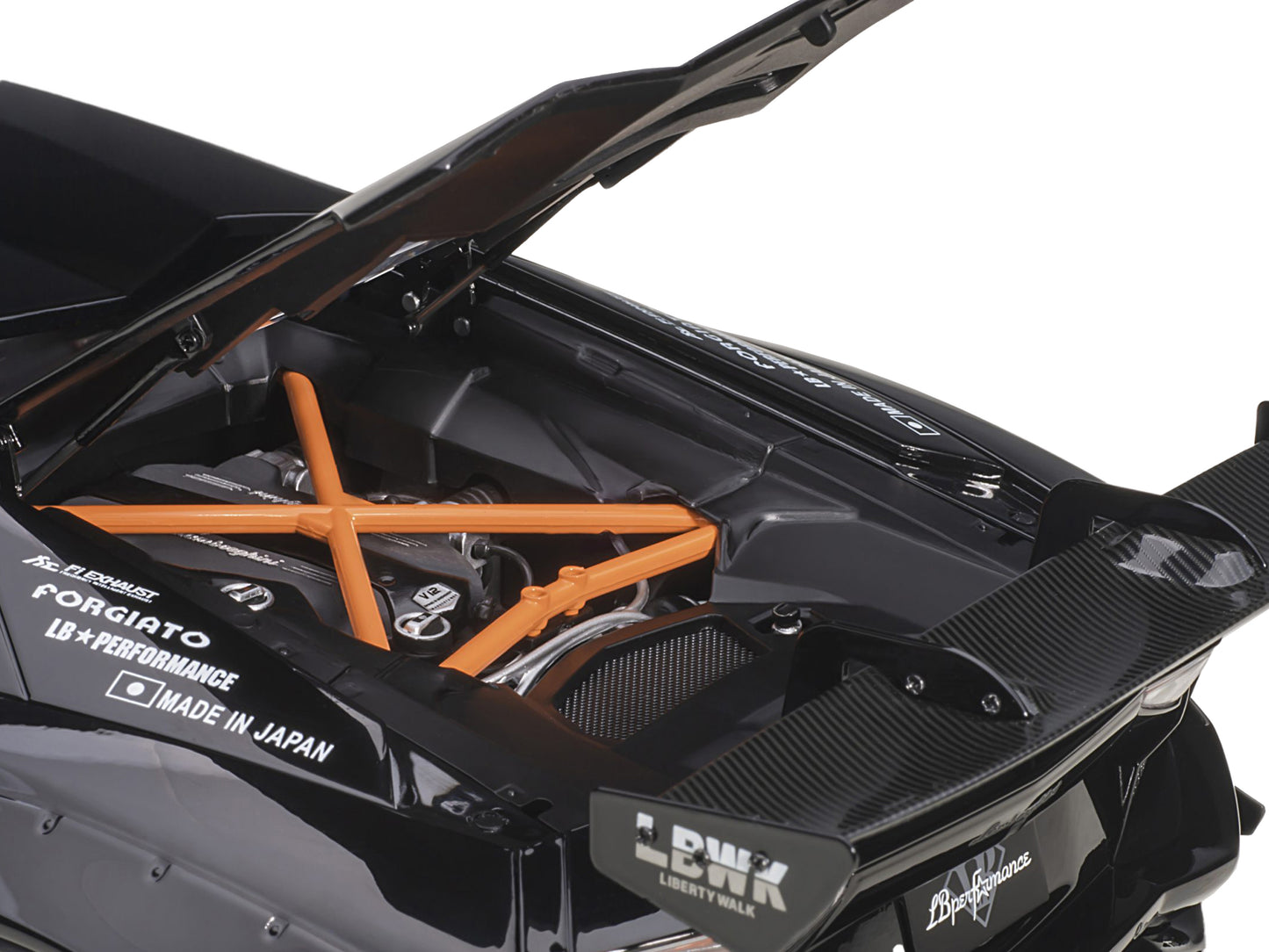 Lamborghini Aventador Liberty Walk LB-Works Livery Black with Carbon Hood Limited Edition 1/18 Model Car by Autoart-DiecastModeler.com