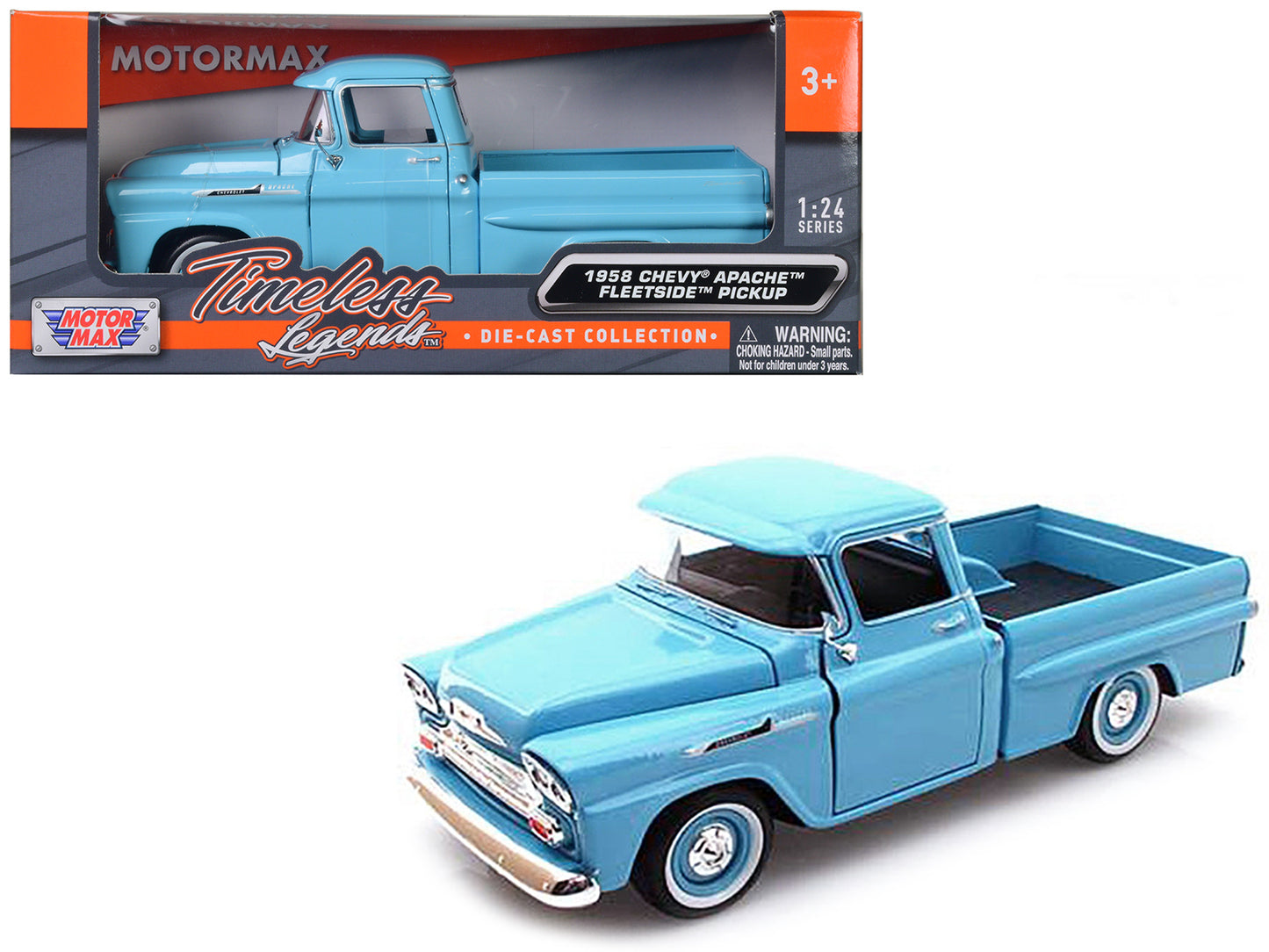 1958 Chevrolet Apache Fleetside Pickup Truck Light Blue 1/24 Diecast Model Car by Motormax-DiecastModeler.com