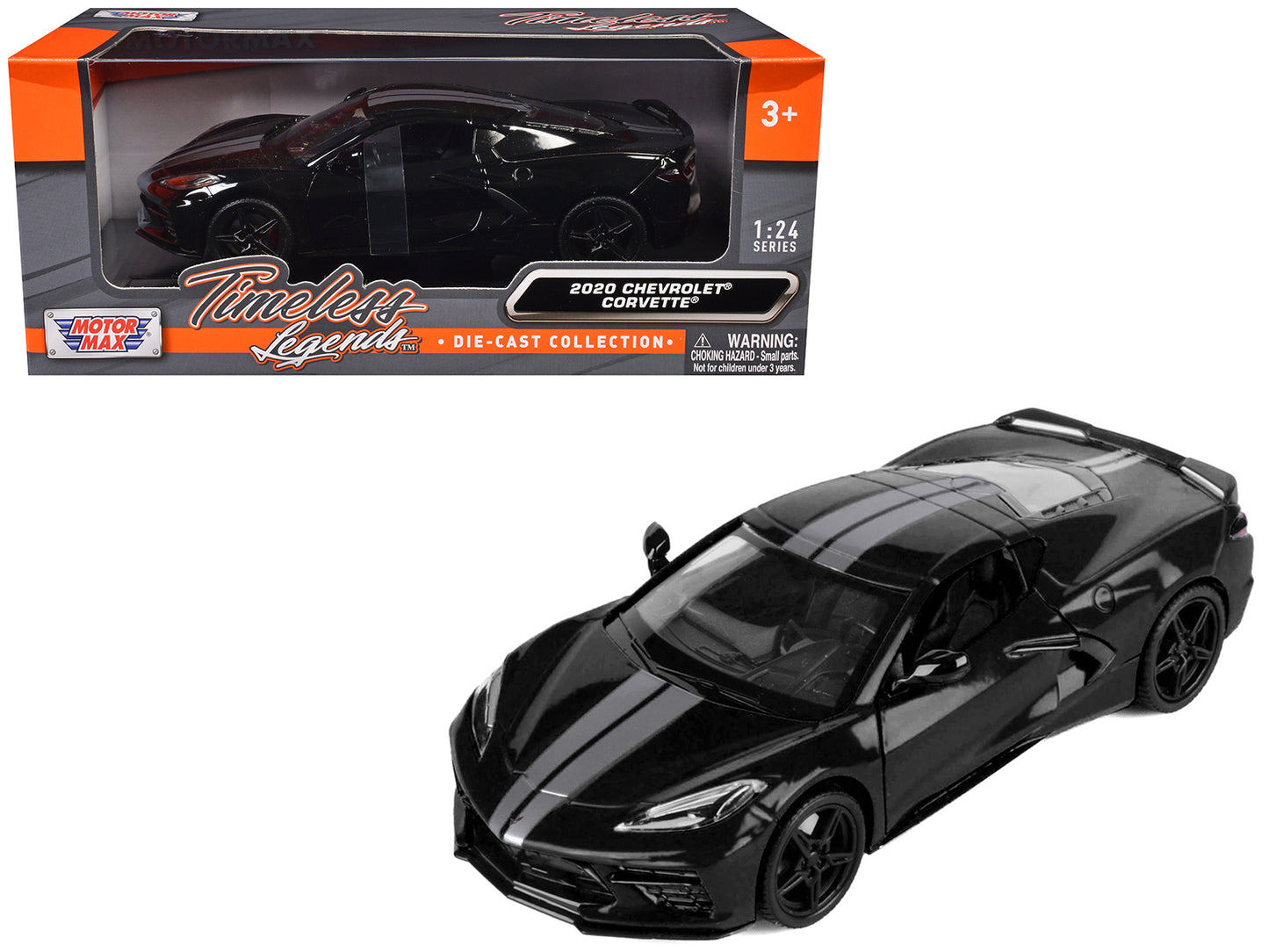 2020 Chevrolet Corvette C8 Stingray Black with Silver Stripes "Timeless Legends" Series 1/24 Diecast Model Car by Motormax-DiecastModeler.com