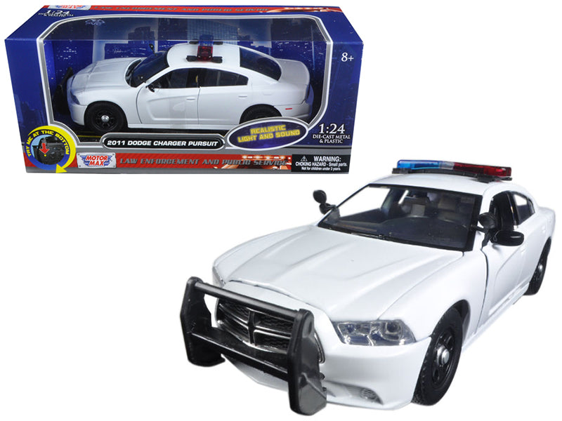 2011 Dodge Charger Pursuit Police Car White with Flashing Light Bar, Front and Rear Lights and 2 Sounds 1/24 Diecast Model Car by Motormax-DiecastModeler.com