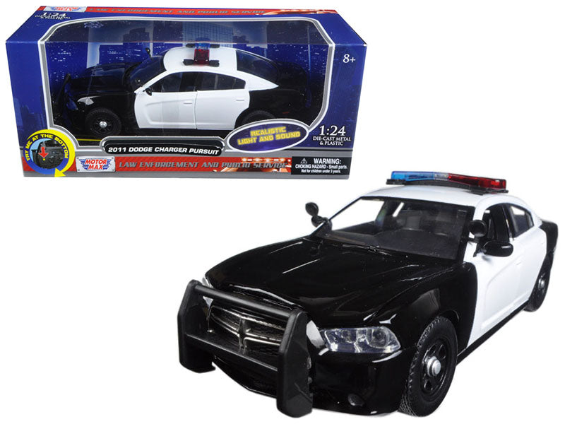 2011 Dodge Charger Pursuit Police Car Black and White with Flashing Light Bar and Front and Rear Lights and 2 Sounds 1/24 Diecast Model Car by Motormax-DiecastModeler.com