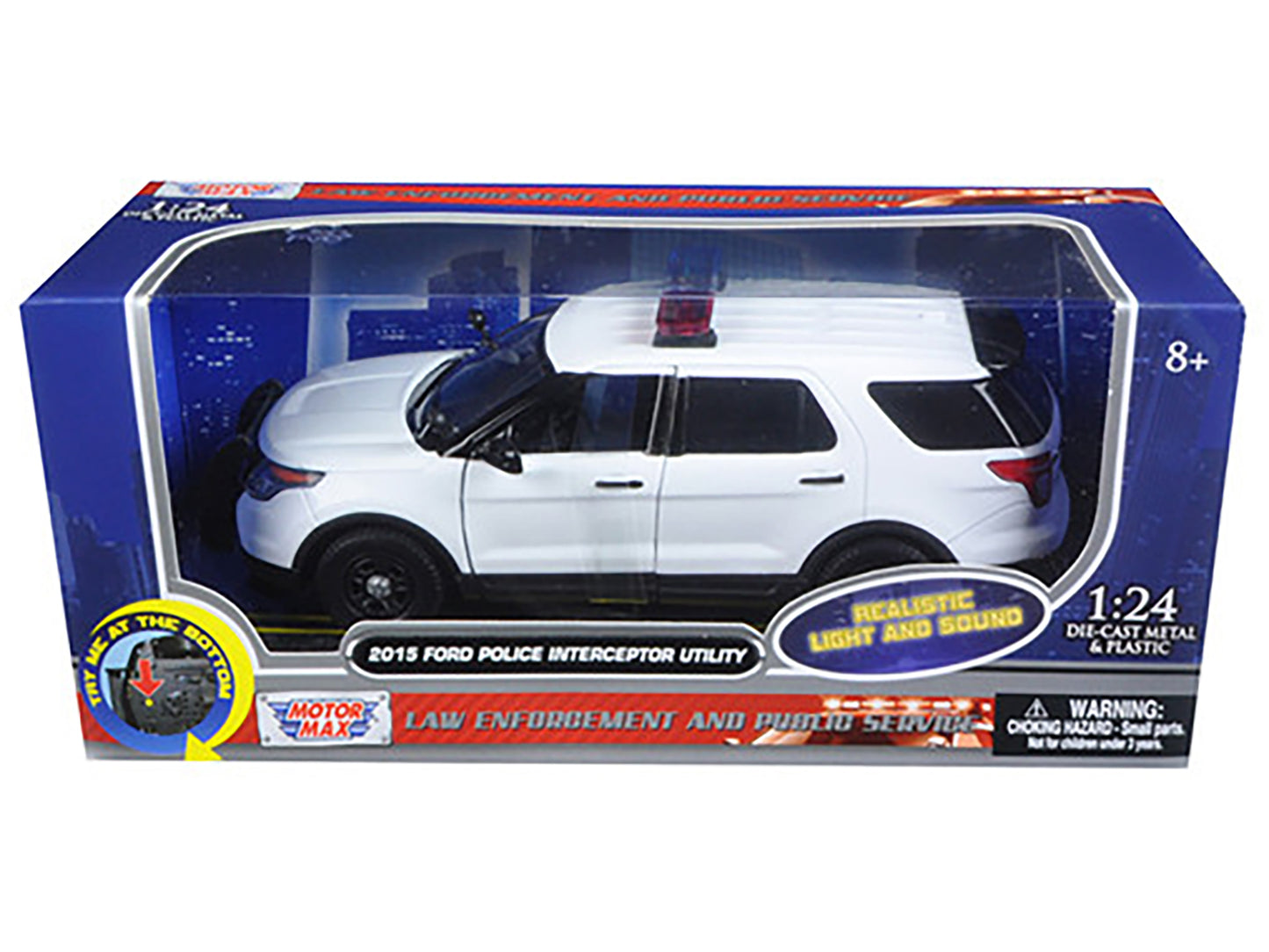2015 Ford Police Interceptor Utility White with Flashing Light Bar and Front and Rear Lights and 2 Sounds 1/24 Diecast Model Car by Motormax-DiecastModeler.com
