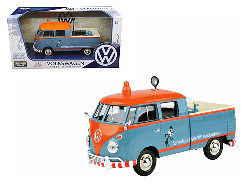 Volkswagen Type 2 (T1) Delivery Service Pickup Truck Blue and Orange "VW-Kundendienst" 1/24 Diecast Model Car by Motormax-DiecastModeler.com