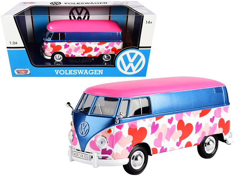 Volkswagen Type 2 (T1) Delivery Van "Love" Pink and Blue Metallic 1/24 Diecast Model Car by Motormax-DiecastModeler.com