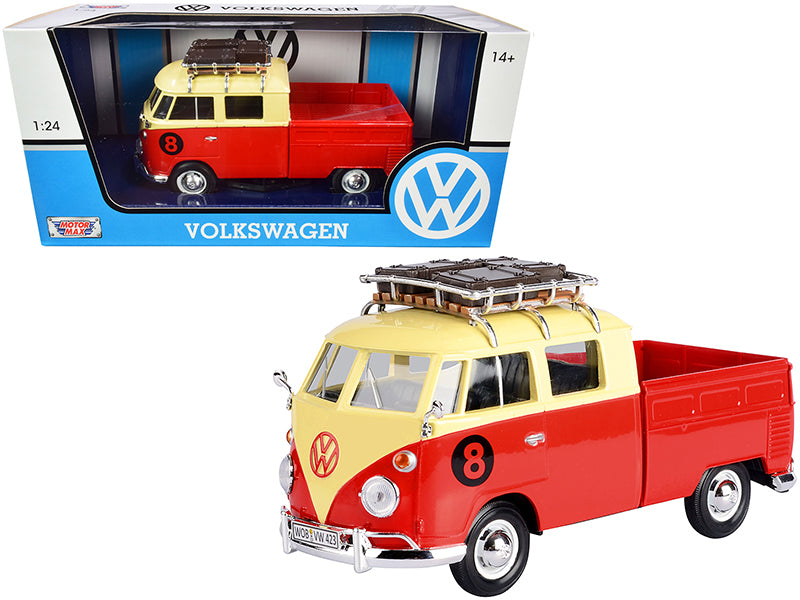 Volkswagen Type 2 (T1) #8 Pickup Truck with Roof Rack and Luggage Red and Yellow 1/24 Diecast Model Car by Motormax-DiecastModeler.com