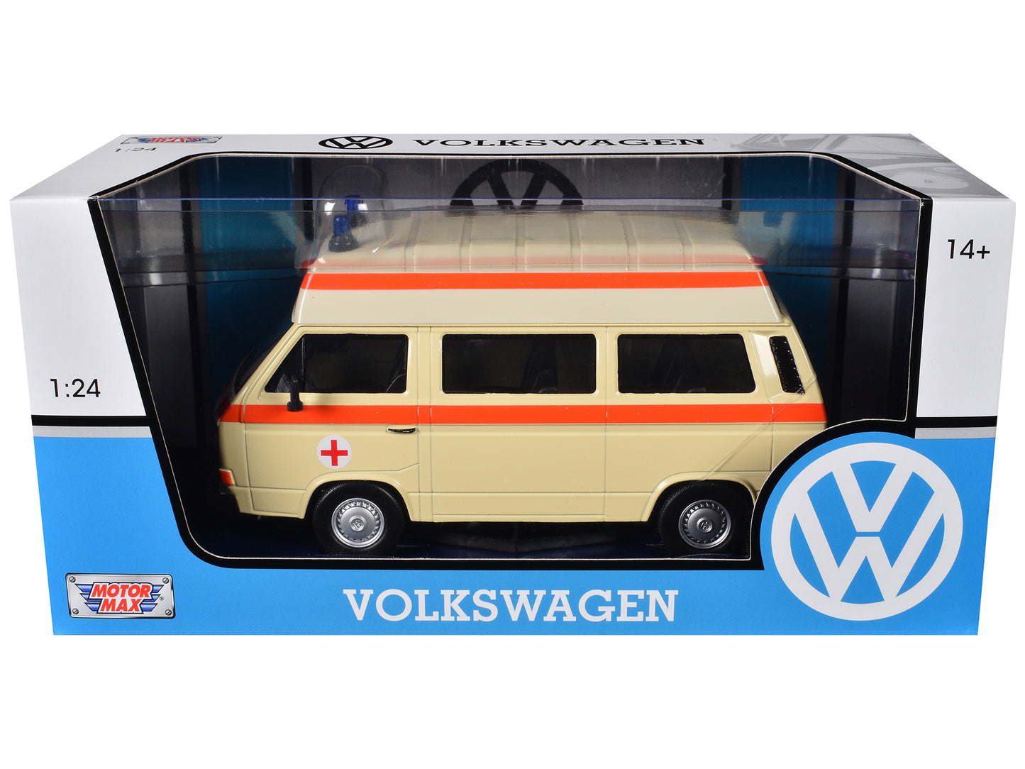 Volkswagen Type 2 (T3) High Roof Ambulance Cream with Orange Stripes 1/24 Diecast Model Car by Motormax-DiecastModeler.com
