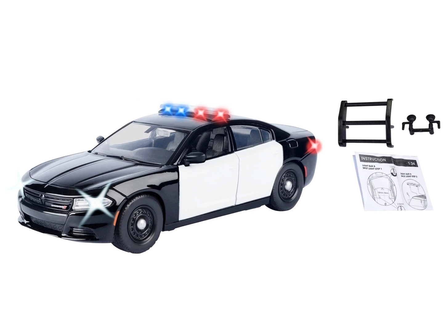 2023 Dodge Charger Pursuit Police Car Black and White with Flashing Light Bar Front and Rear Lights and 2 Sounds "Builder's Kit" 1/24 Diecast Model Car by Motormax-DiecastModeler.com