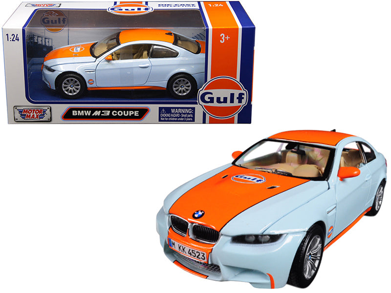 BMW M3 Coupe with "Gulf Oil" Livery Light Blue with Orange Stripe 1/24 Diecast Model Car by Motormax-DiecastModeler.com