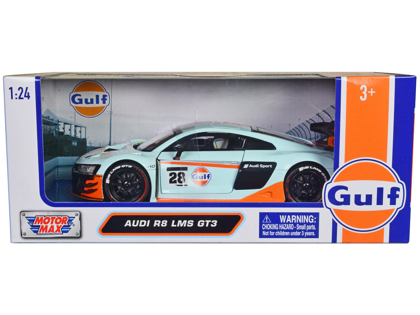 Audi R8 LMS GT3 #28 Light Blue with Orange Stripes "Gulf Oil" "Gulf Die-Cast Collection" 1/24 Diecast Model Car by Motormax-DiecastModeler.com